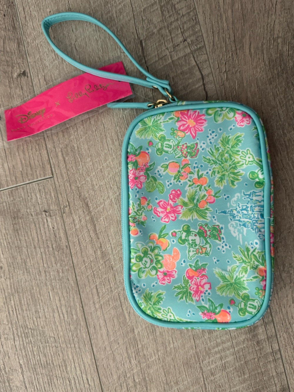 Lilly Pulitzer Aqua Floral Wristlet with Pink and Green Accents